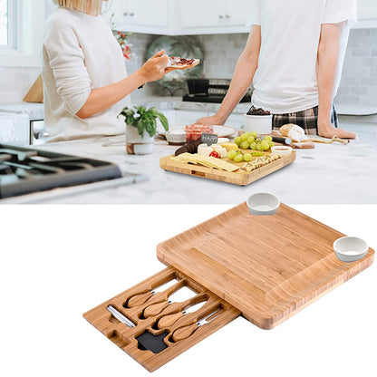 Bamboo Cheese Board Cutlery Knife Set With Slide Out Drawer 4 Knives Sets Cooking Tools Cheese Knife Cheese Slicer Fork Scoop Cut - DunbiBeauty, LLC