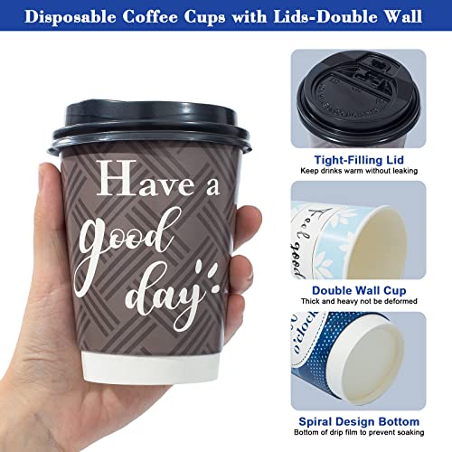 Bapmnicc Disposable Coffee Cups with Lids 12 oz, 50 Pack Double-Walled Paper Coffee Cups with Fun Designs, Insulated Coffee Cups, Hot Beverage Paper Cups for Cold & Hot Drinks - DunbiBeauty, LLC