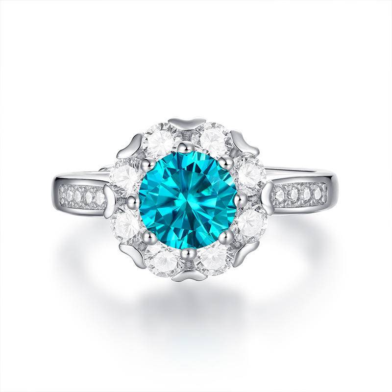 Blue Flower-Shaped 925 Sterling Silver Moissanite Adjustable Rings