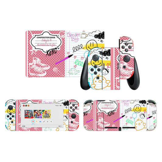 Nintendo Switch Game Console Stickers ｜PVC - Back to School, Composition Notebook Style, Doodles, Scribbles, Writing, Girl, Pink (Designed by Dunbi)