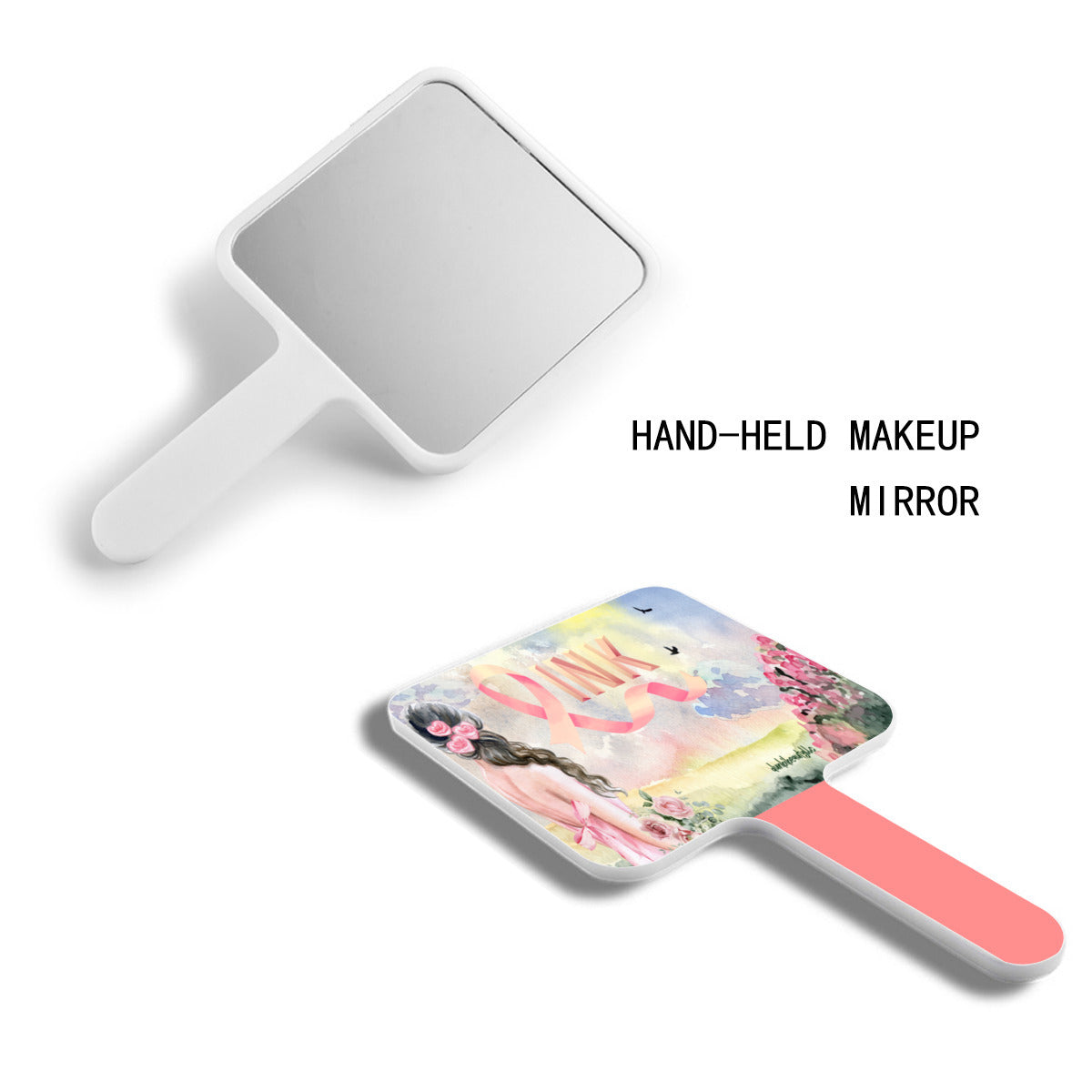 Handle Square Mirror｜Rubber -Pastel Pink, Breast Cancer Awareness, Open Field, Day, Birds, Flowers, Bows and Ribbons, Watercolor Sunlight (Designed by Dunbi)