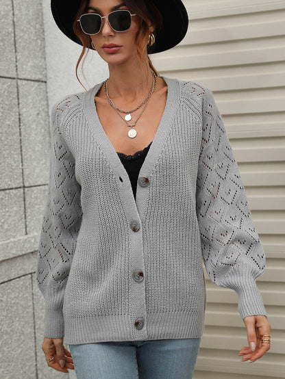 Rib-Knit Plunge Raglan Sleeve Cardigan Trendsi