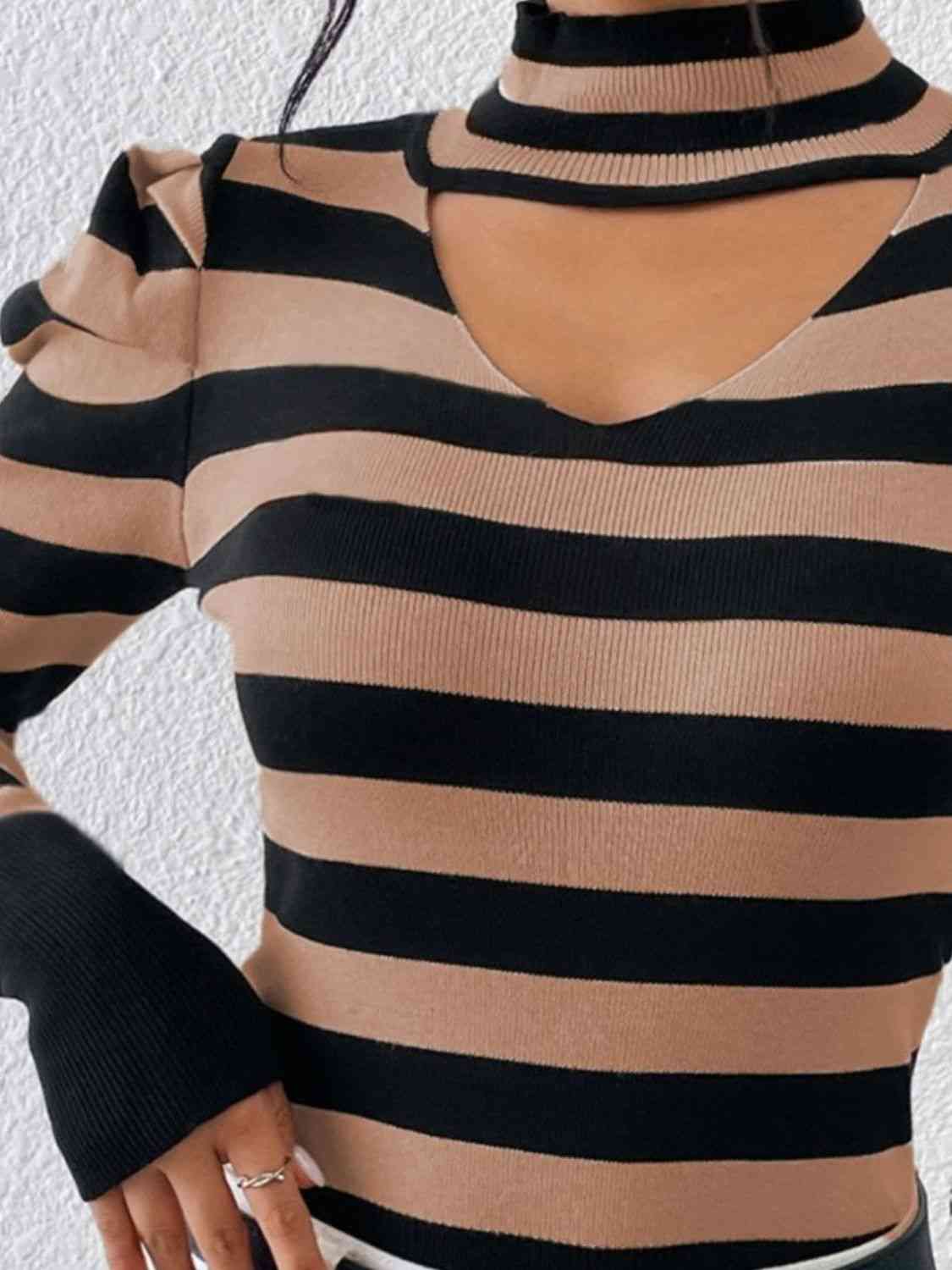 Striped Cutout Mock Neck Knit Top