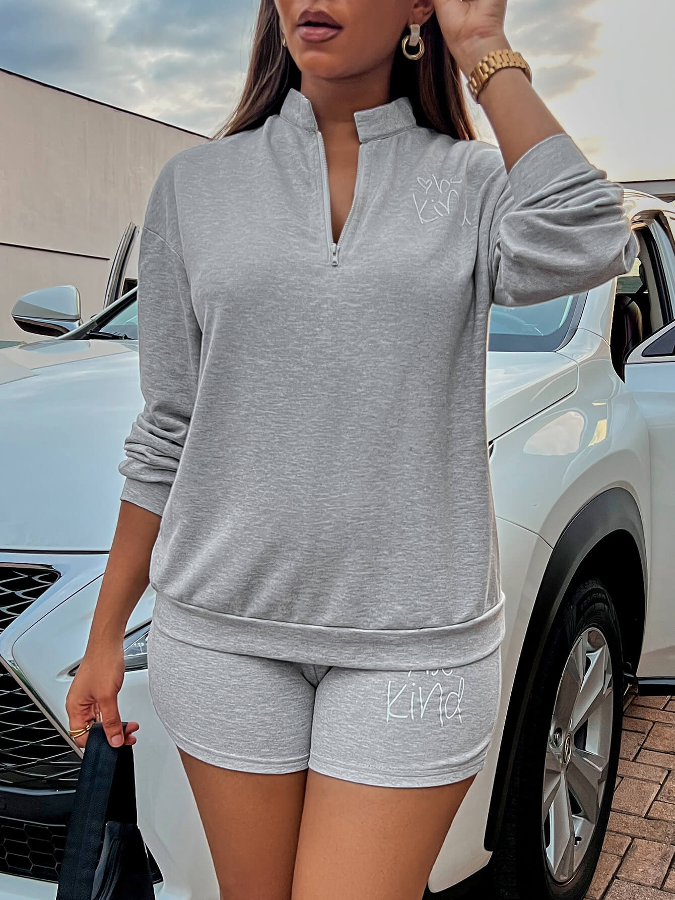 BE KIND Graphic Quarter-Zip Sweatshirt and Shorts Set - DunbiBeauty, LLC