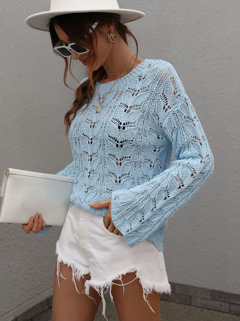 Openwork Dropped Shoulder Knit Top Trendsi