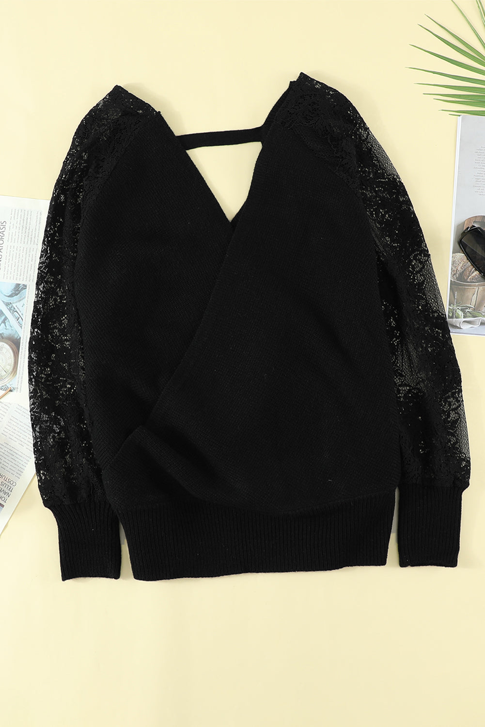 Sexy V Neck Surplice Hollow-Out Sweater With Lace Sleeves Kiwidrop