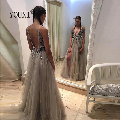 Beaded Prom Dress with High Side Slit - DunbiBeauty, LLC