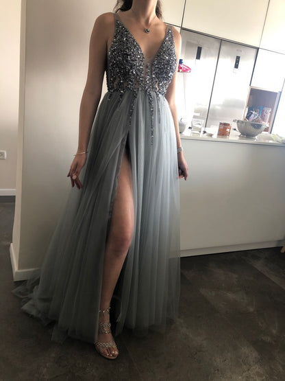 Beaded Prom Dress with High Side Slit - DunbiBeauty, LLC