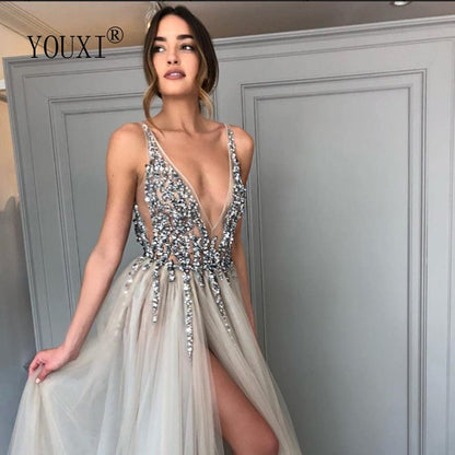 Beaded Prom Dress with High Side Slit - DunbiBeauty, LLC