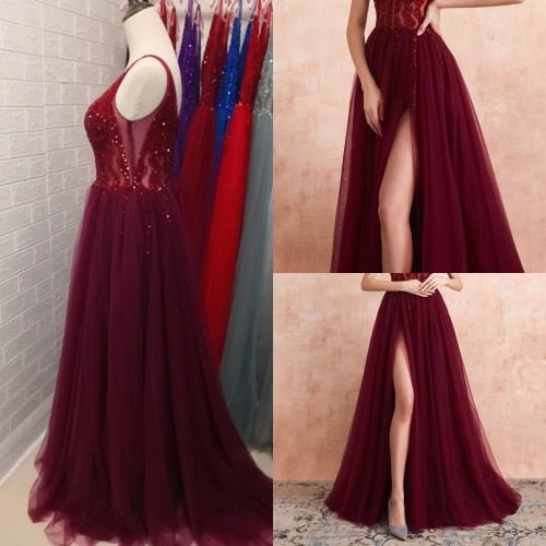 Beaded Prom Dress with High Side Slit - DunbiBeauty, LLC