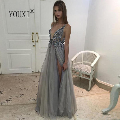 Beaded Prom Dress with High Side Slit - DunbiBeauty, LLC