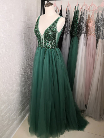 Beaded Prom Dress with High Side Slit - DunbiBeauty, LLC