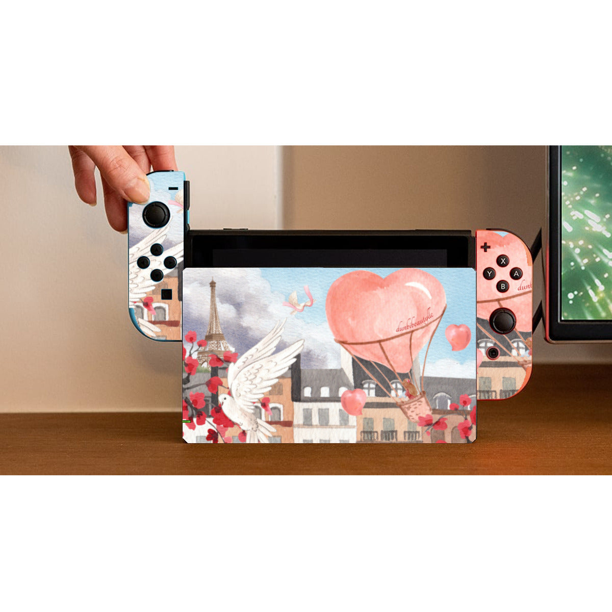 Nintendo Switch Game Console Stickers ｜PVC -Love Up in a Hot Air Balloon, Paris, Eiffel Tower, Dove, Flowers, Girl, Sky, Hearts (Designed by Dunbi)