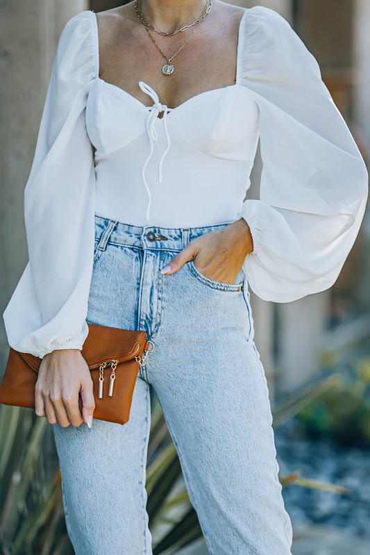 White Criss Cross Backless Puff Sleeve Bodysuit Kiwidrop