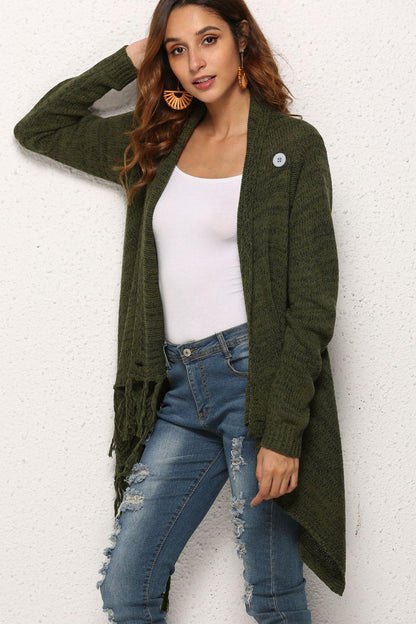 One-Button Tassel Tie Asymmetrical Hem Cardigan Trendsi