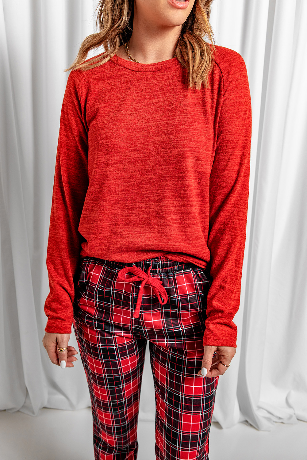 Solid Long Sleeve Top And Plaid Pants Loungewear Kiwidrop