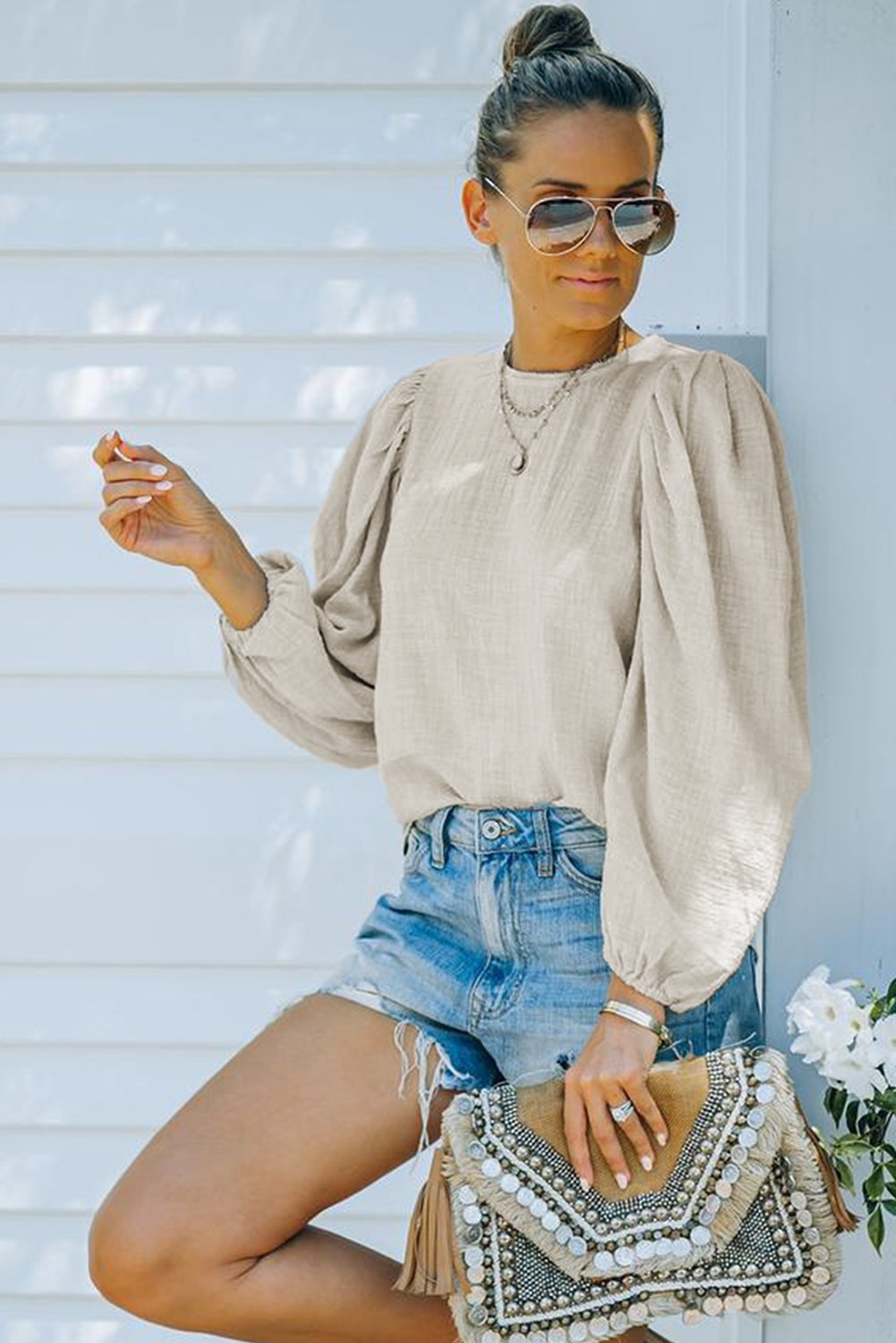 Billowed Sleeve Crew Neck Blouse - DunbiBeauty, LLC