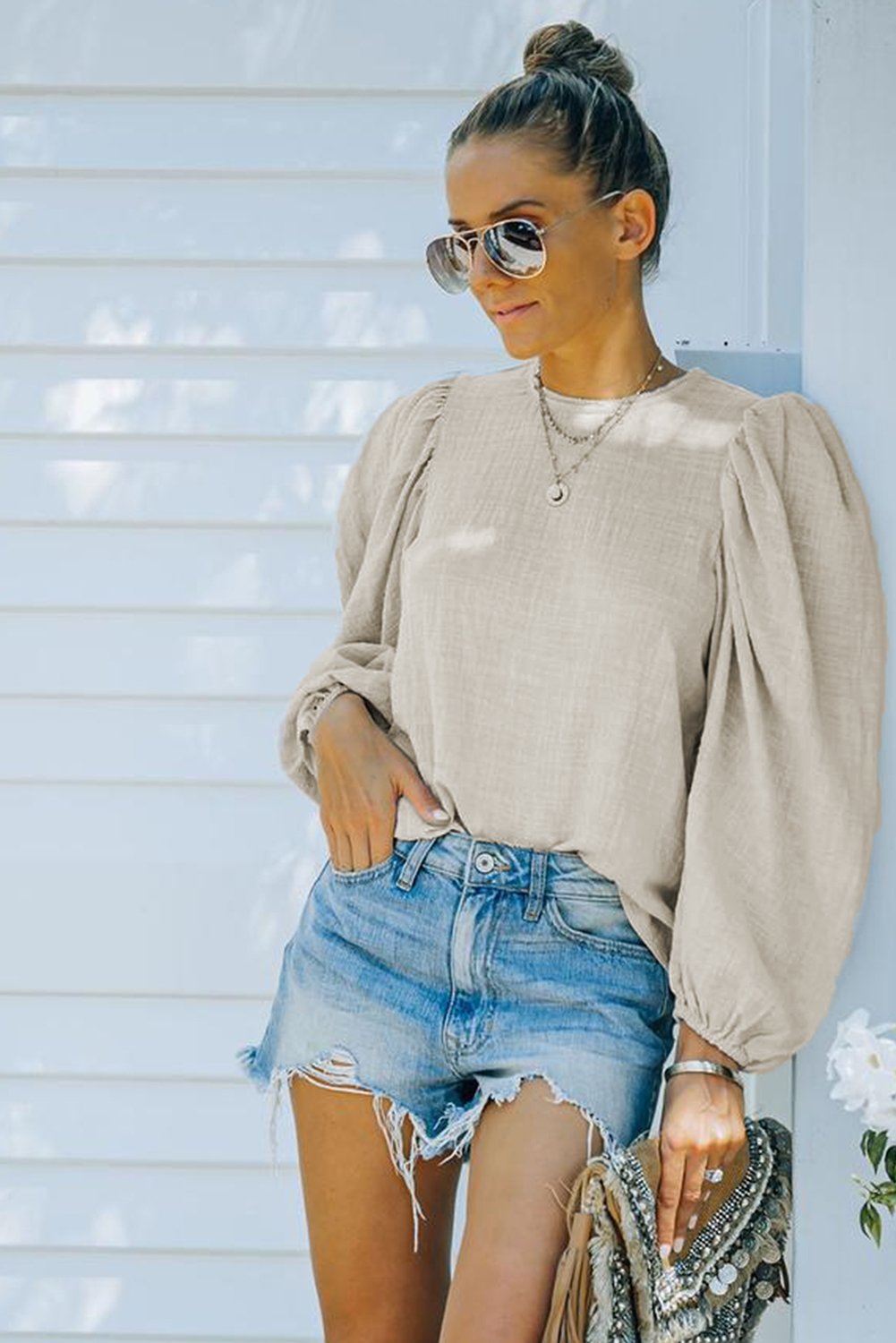 Billowed Sleeve Crew Neck Blouse - DunbiBeauty, LLC