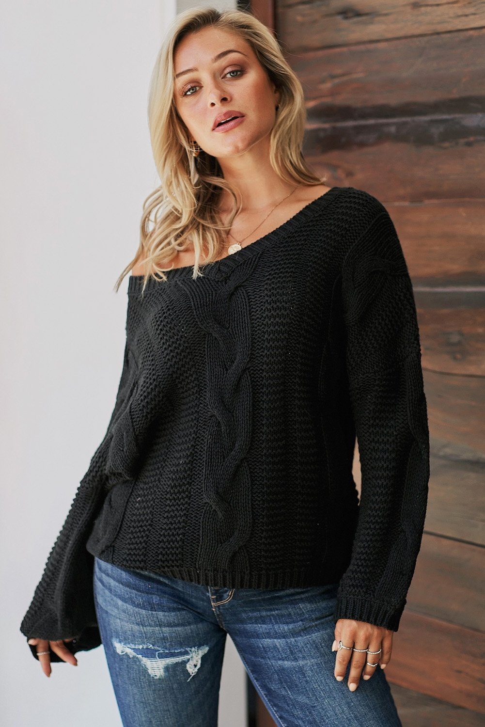 Black Bubblegum V-Neck Braided Knit Sweater - DunbiBeauty, LLC