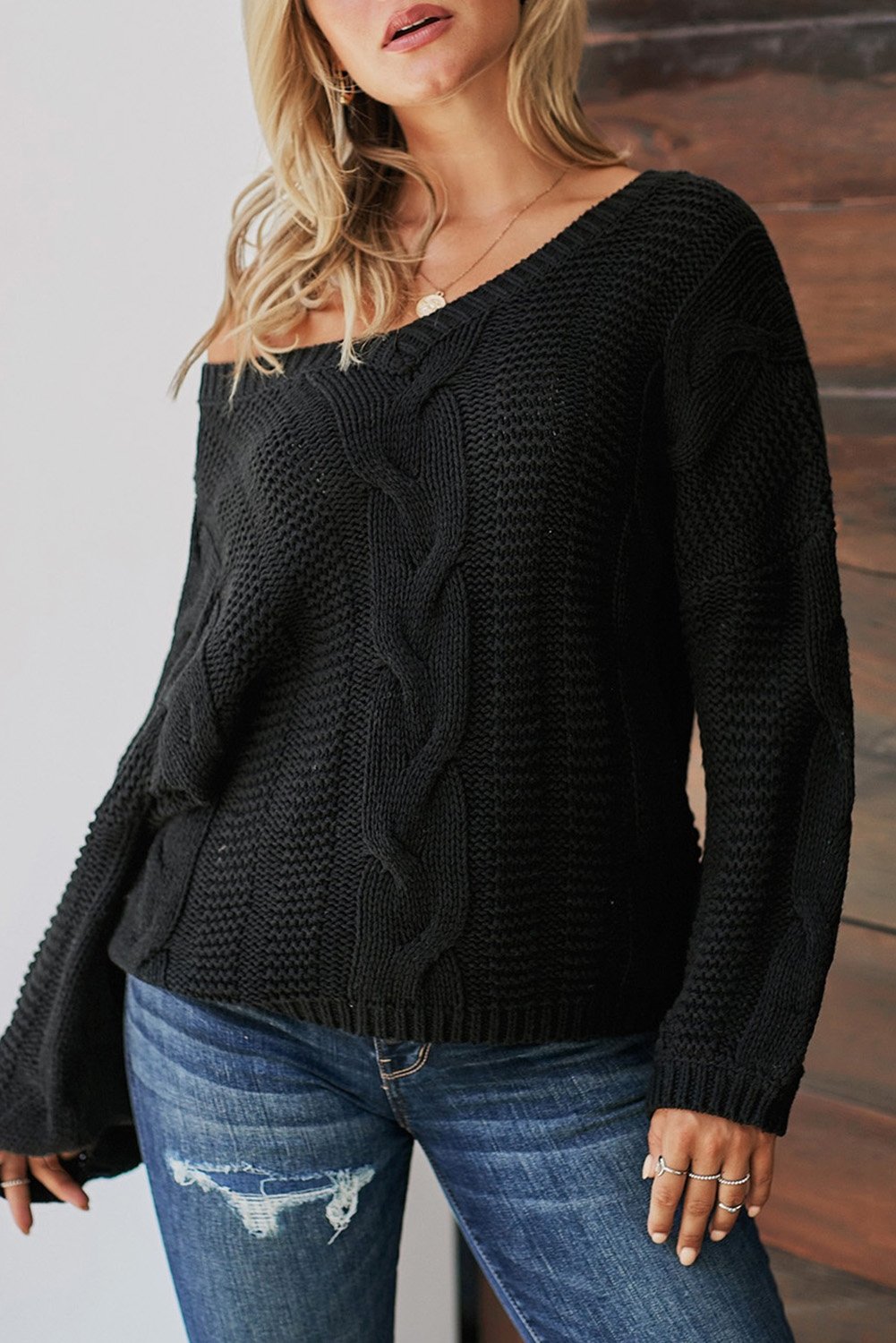 Black Bubblegum V-Neck Braided Knit Sweater - DunbiBeauty, LLC