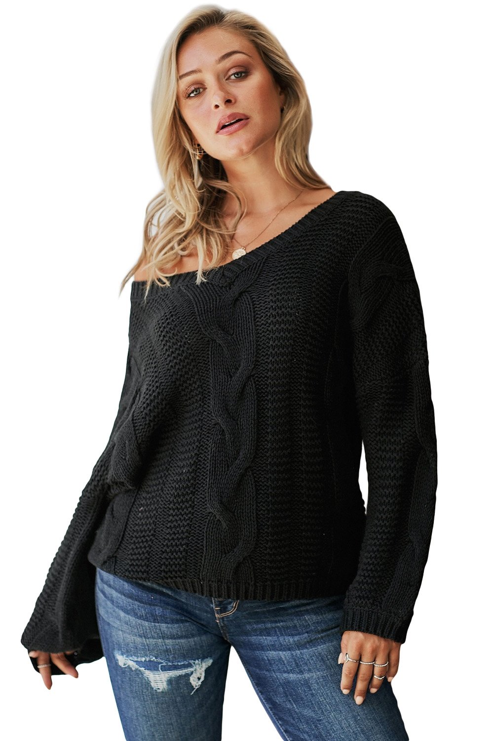 Black Bubblegum V-Neck Braided Knit Sweater - DunbiBeauty, LLC