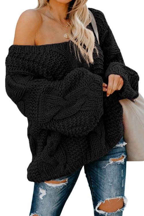 Black Bubblegum V-Neck Braided Knit Sweater - DunbiBeauty, LLC