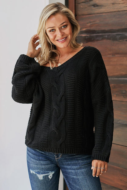 Black Bubblegum V-Neck Braided Knit Sweater - DunbiBeauty, LLC