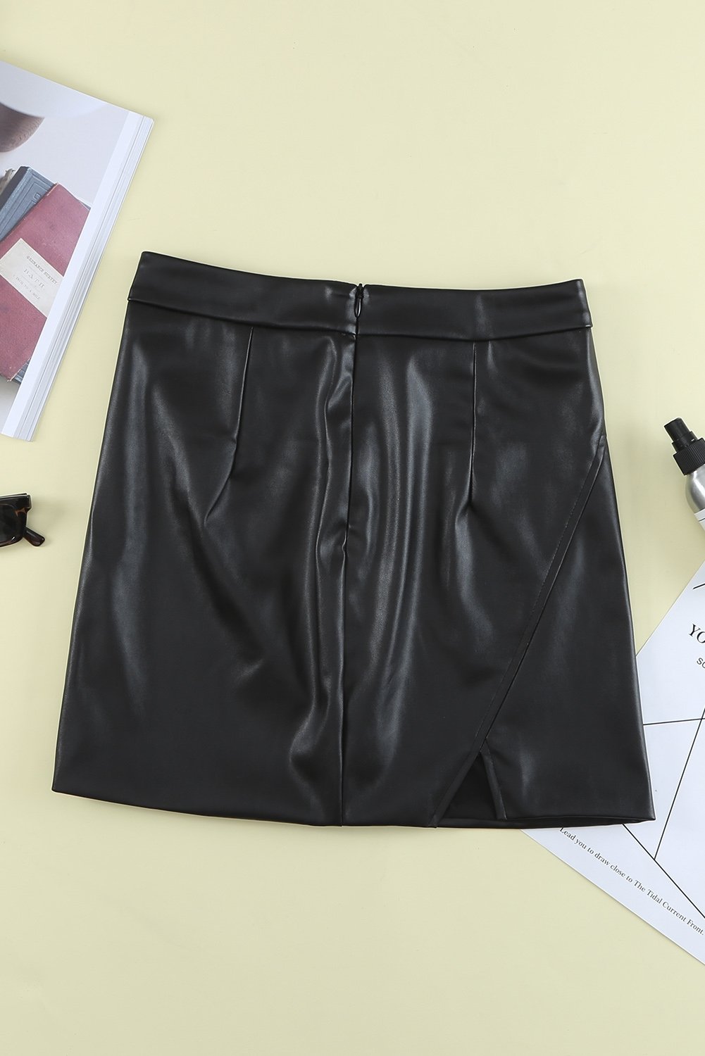 Black Faux Leather Mini Skirt With Slit - DunbiBeauty, LLC