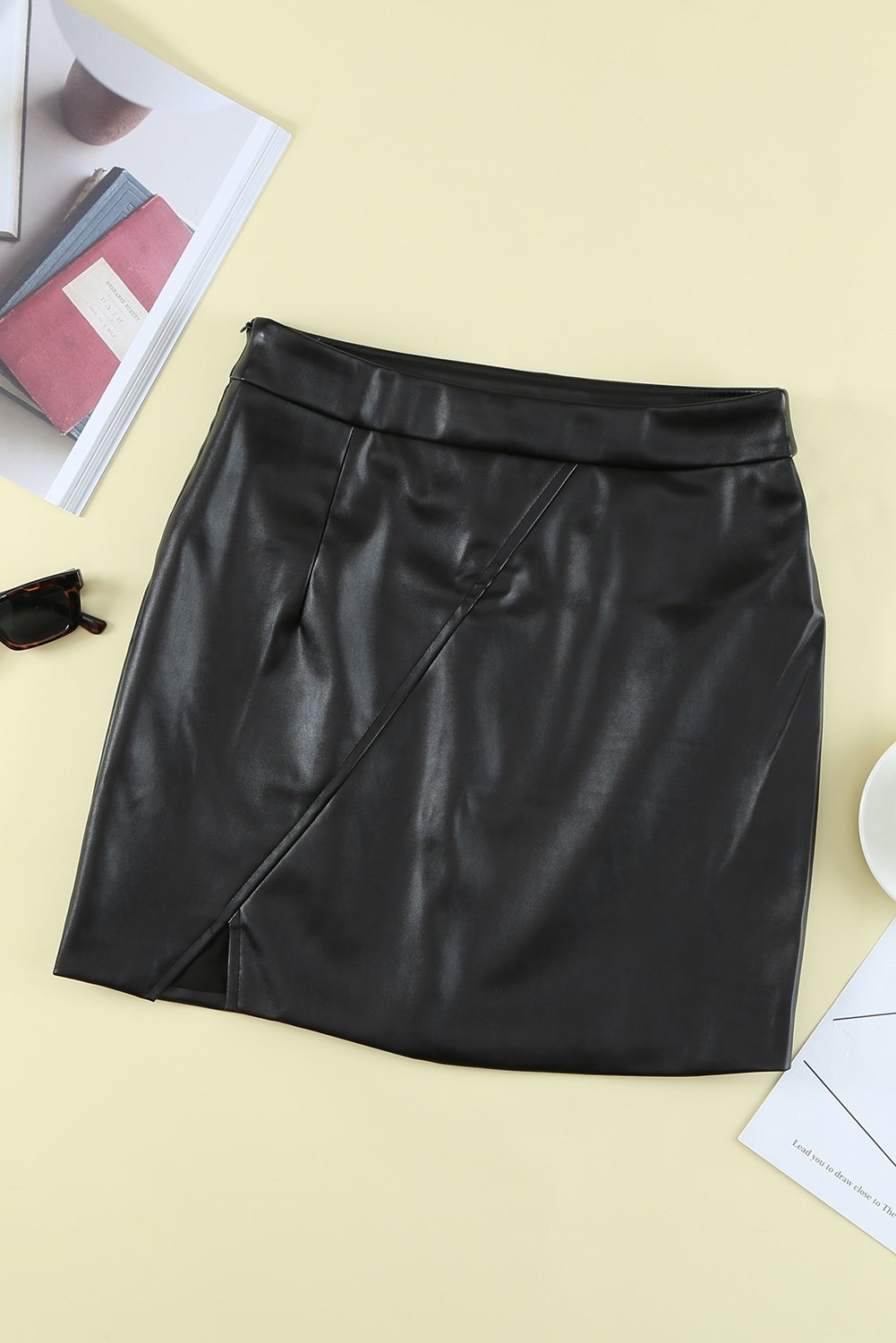 Black Faux Leather Mini Skirt With Slit - DunbiBeauty, LLC