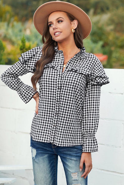 Black Plaid Button Ruffle Shirt - DunbiBeauty, LLC