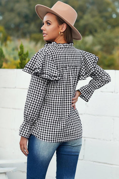 Black Plaid Button Ruffle Shirt - DunbiBeauty, LLC