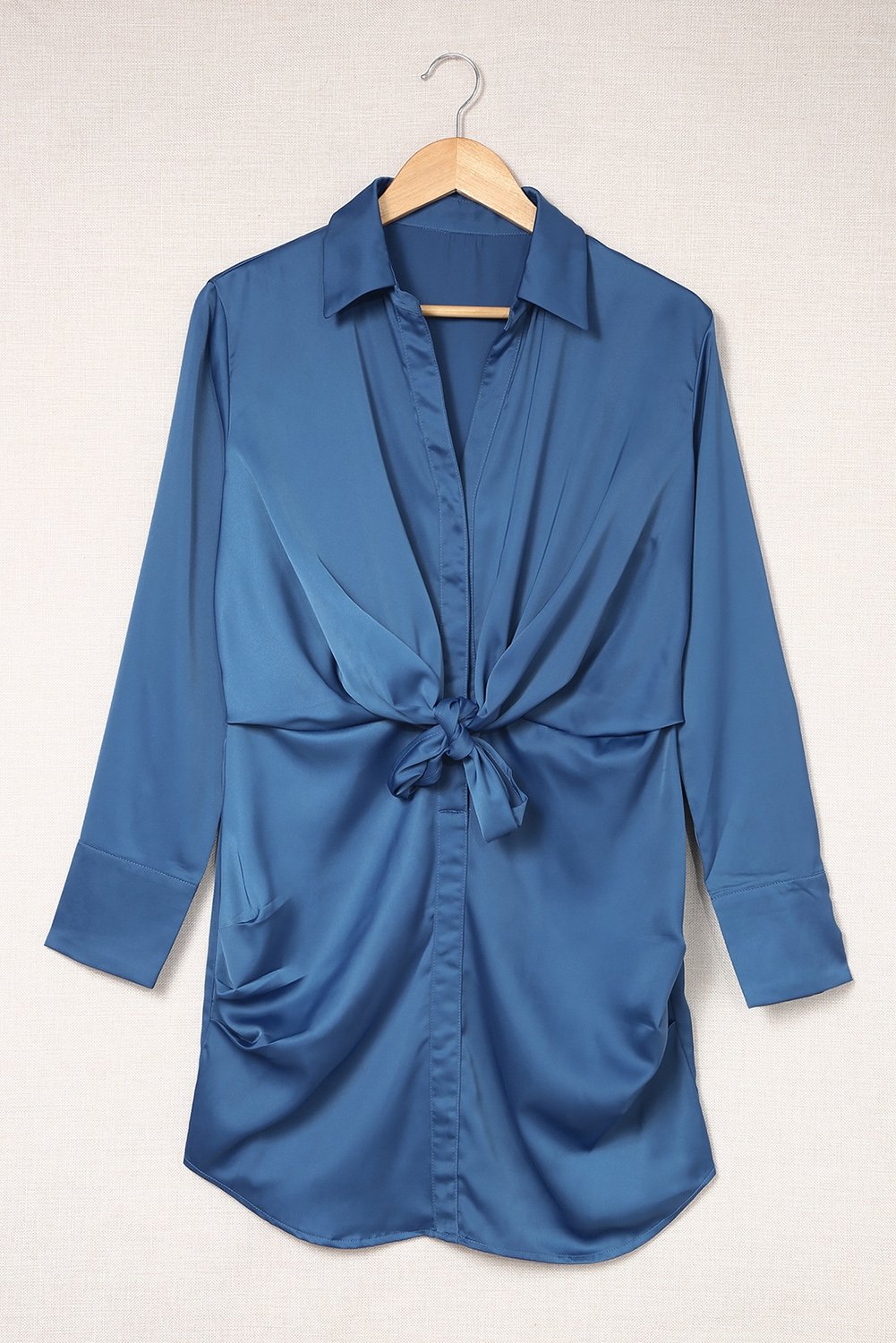 Blue Ruched Front Tie Buttoned Long Sleeve Shirt Dress - DunbiBeauty, LLC