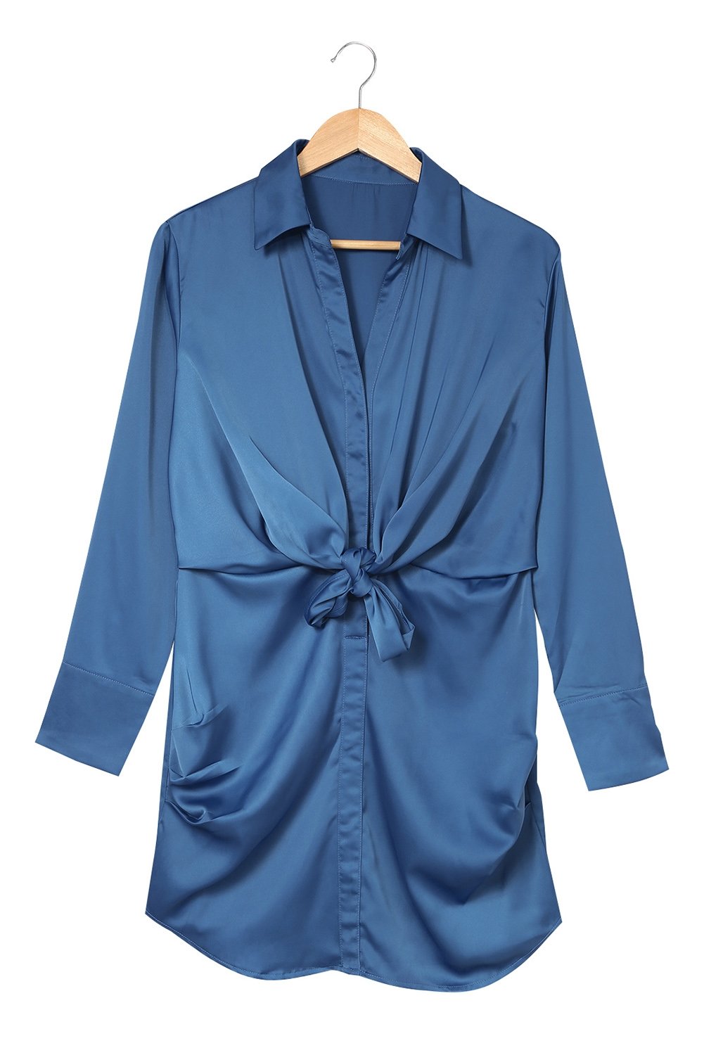 Blue Ruched Front Tie Buttoned Long Sleeve Shirt Dress - DunbiBeauty, LLC