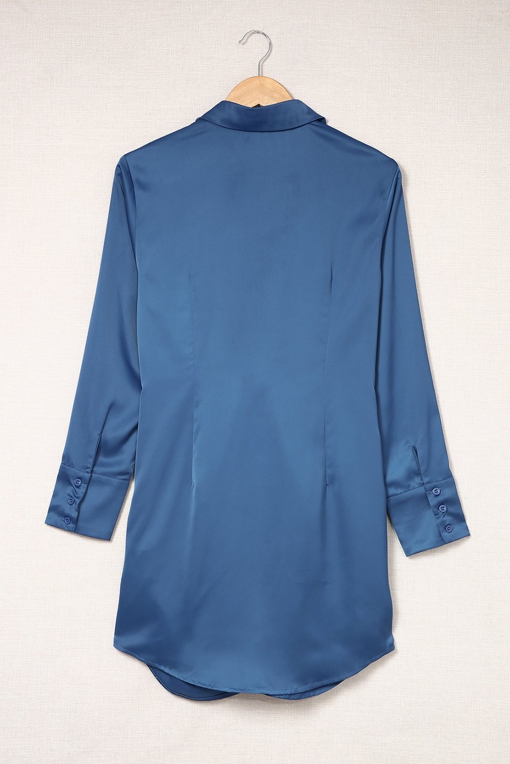 Blue Ruched Front Tie Buttoned Long Sleeve Shirt Dress - DunbiBeauty, LLC