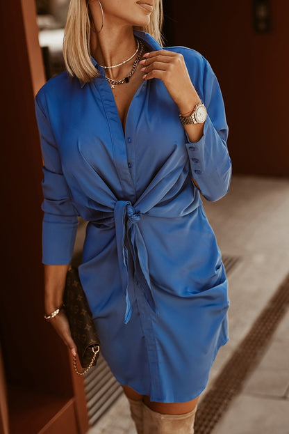 Blue Ruched Front Tie Buttoned Long Sleeve Shirt Dress - DunbiBeauty, LLC