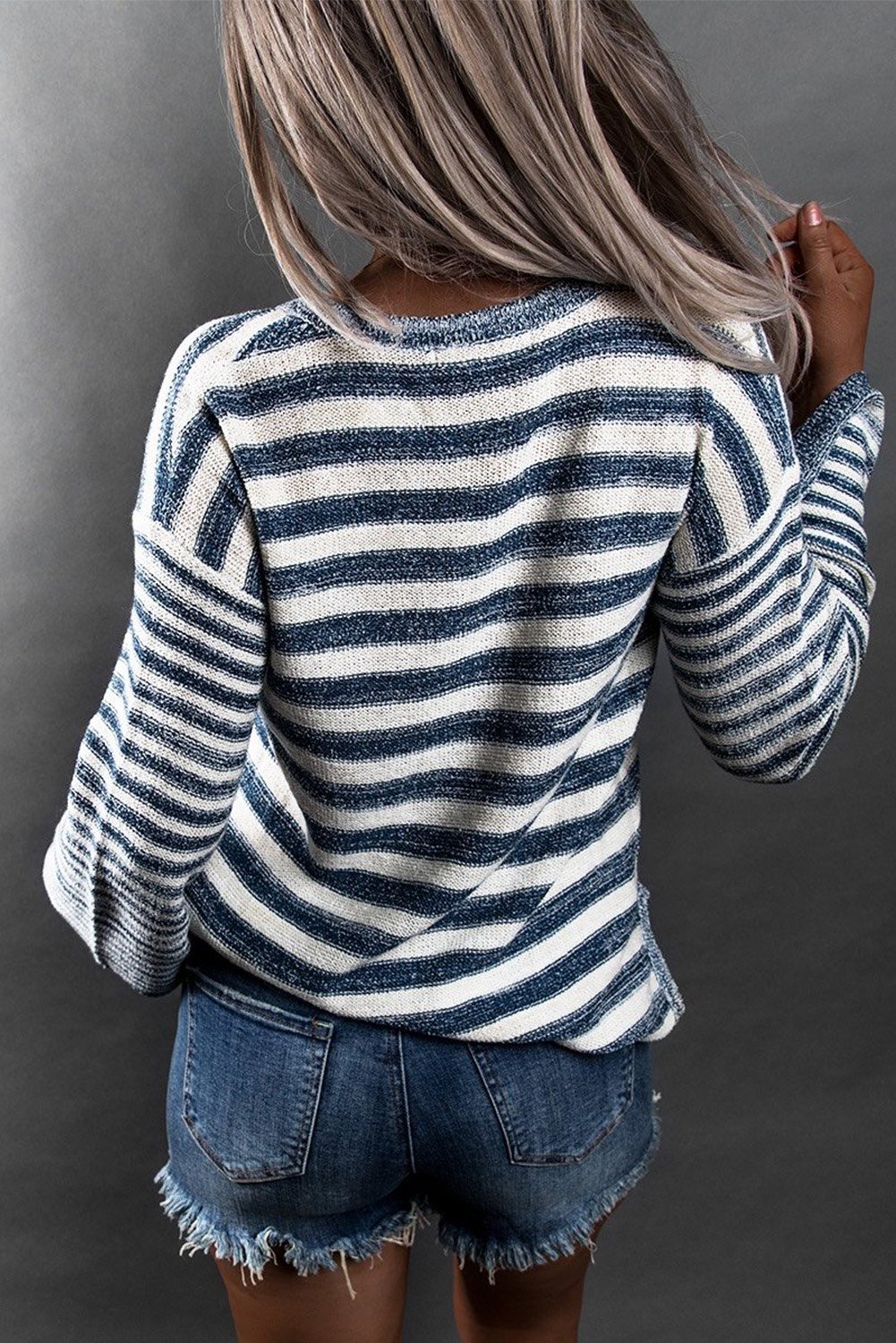 Blue Striped Knit Tie Up Sweater - DunbiBeauty, LLC