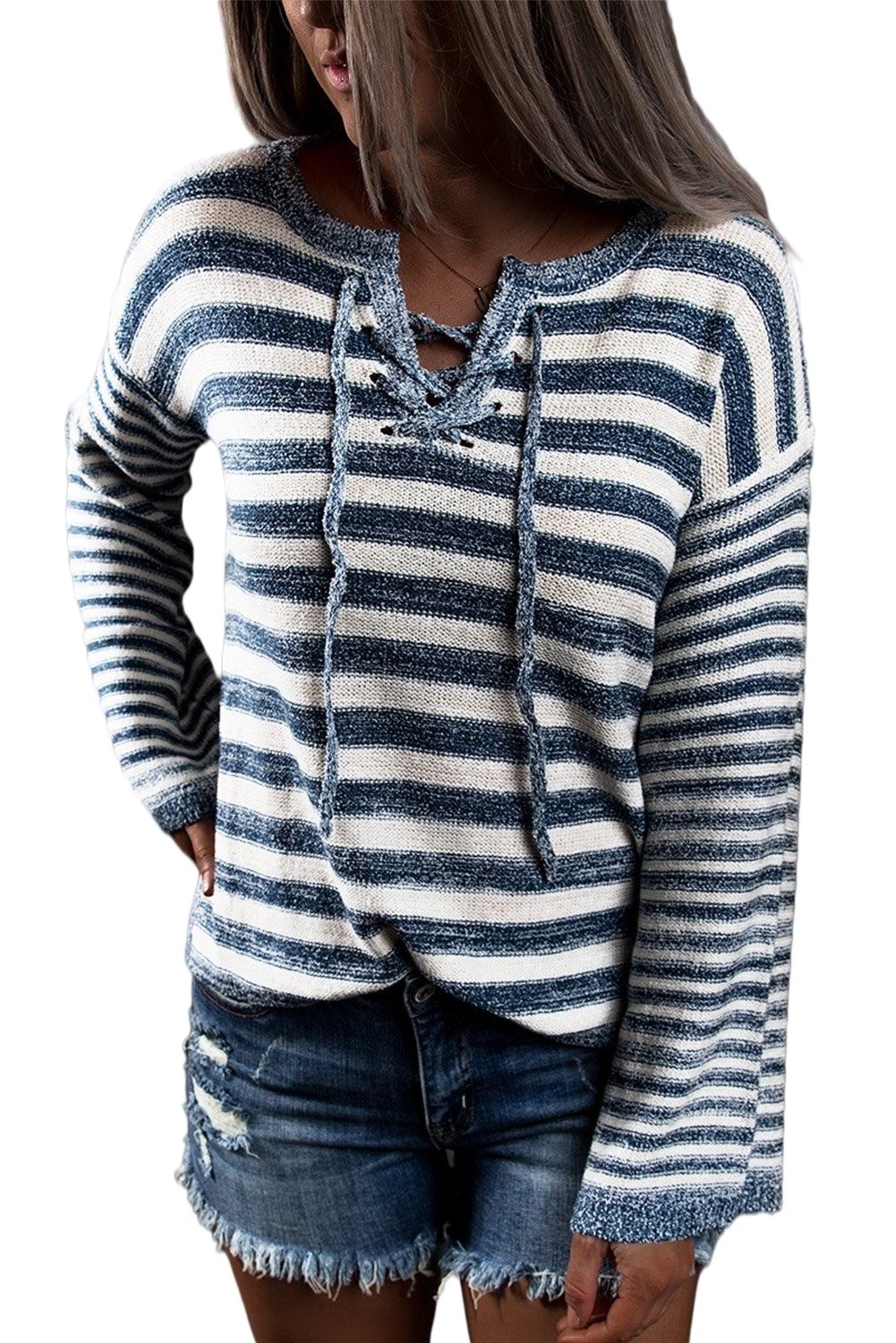 Blue Striped Knit Tie Up Sweater - DunbiBeauty, LLC