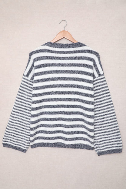 Blue Striped Knit Tie Up Sweater - DunbiBeauty, LLC