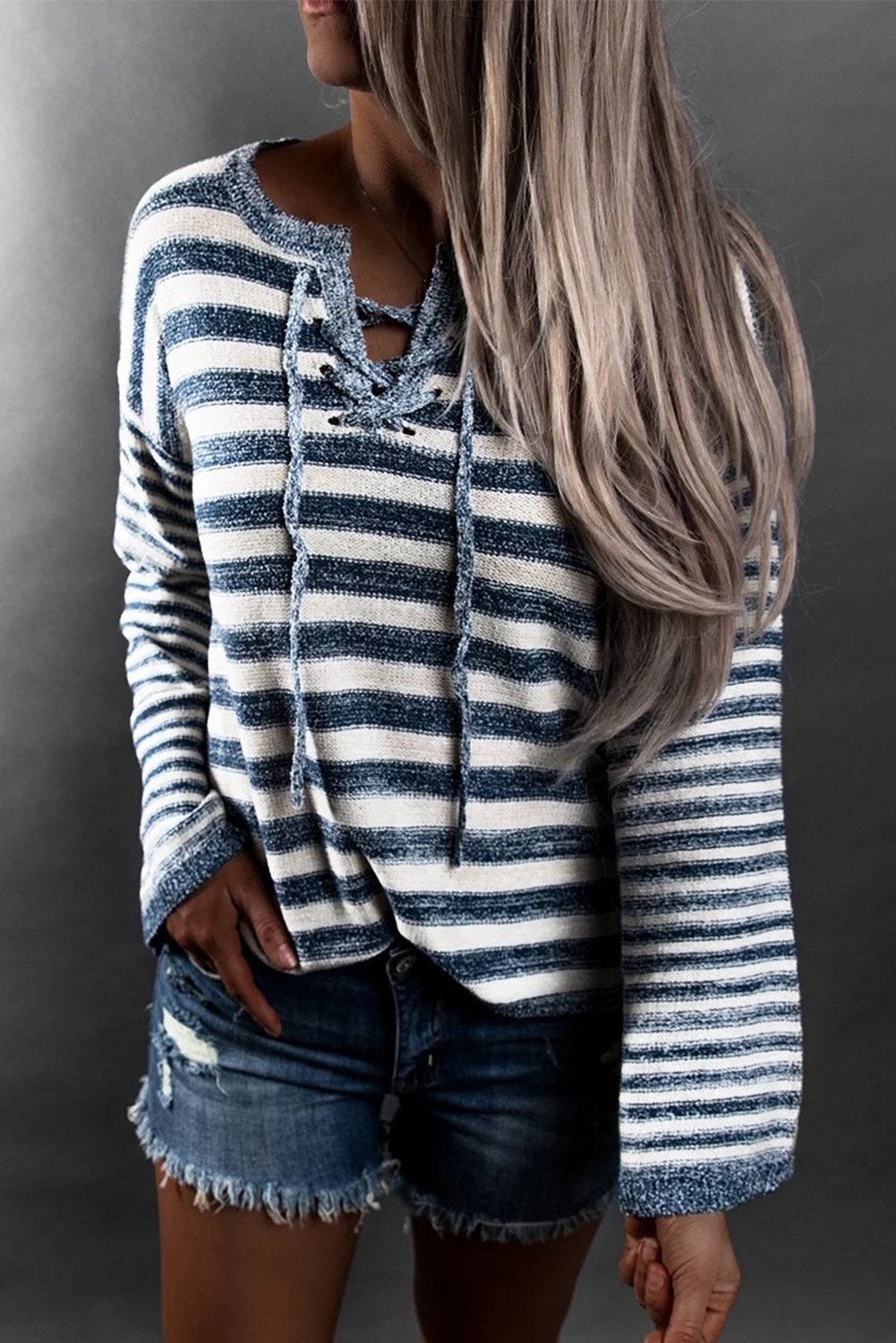 Blue Striped Knit Tie Up Sweater - DunbiBeauty, LLC