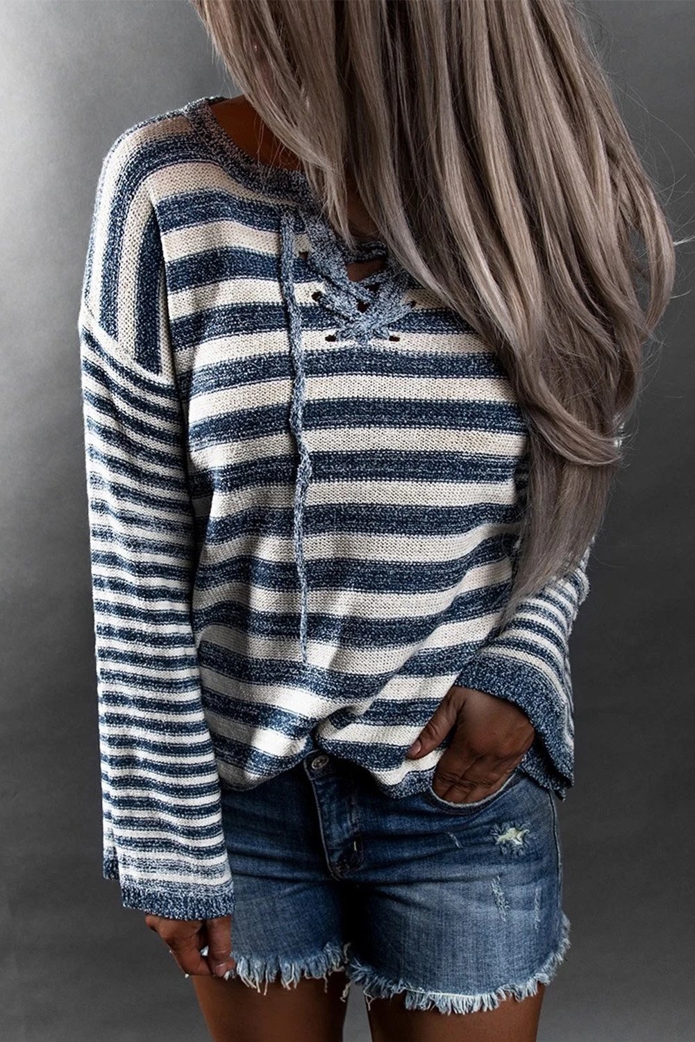 Blue Striped Knit Tie Up Sweater - DunbiBeauty, LLC