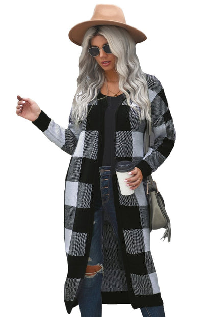 Board Games Pocketed Checkered Cardigan - DunbiBeauty, LLC