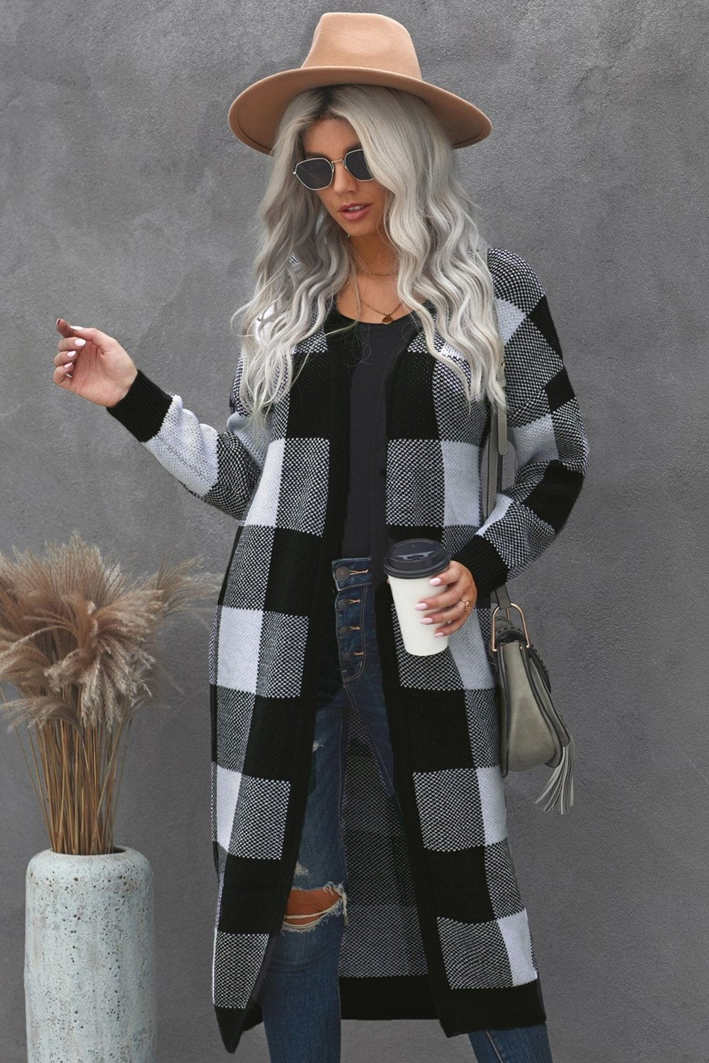 Board Games Pocketed Checkered Cardigan - DunbiBeauty, LLC