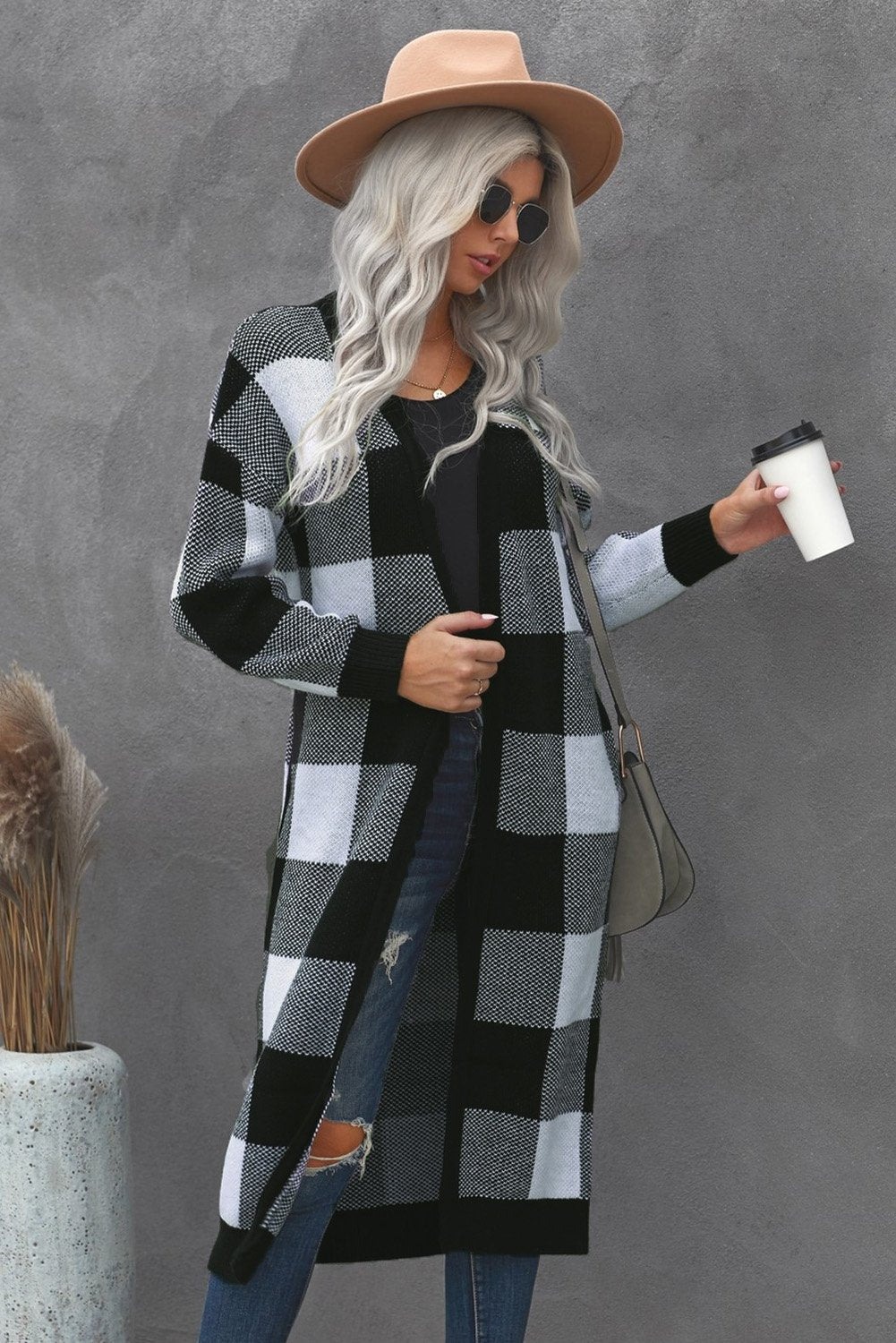 Board Games Pocketed Checkered Cardigan - DunbiBeauty, LLC