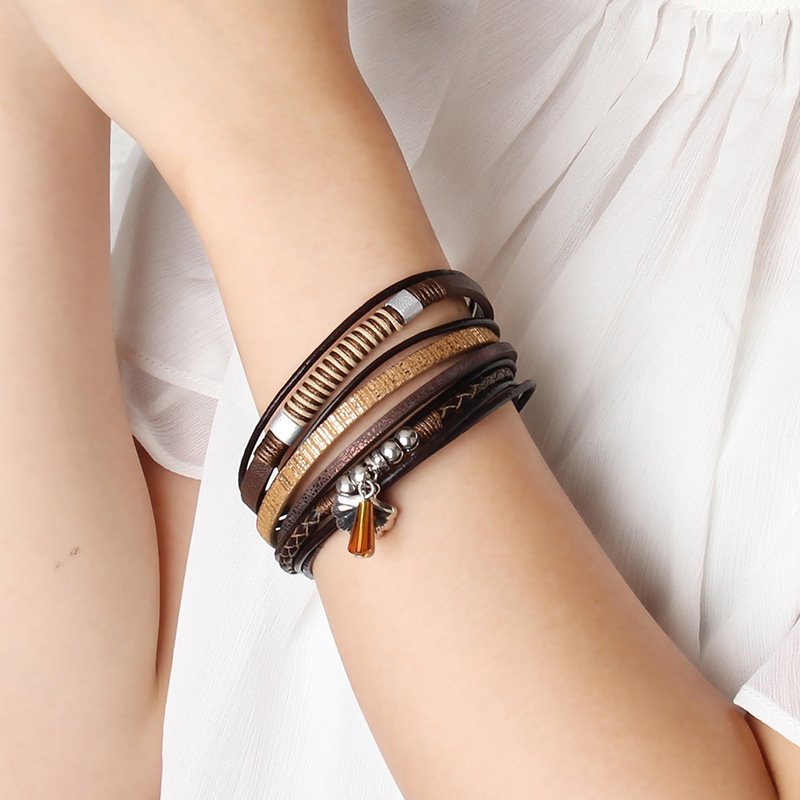 Boho Multi-strap Charm Vegan Leather Braided Bracelet - DunbiBeauty, LLC