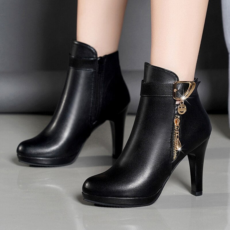 Boots Women Autumn Ankle Boots For Women Thin Heel Zipper Casual Female Shoes Leather Boots Botas Mujer - DunbiBeauty, LLC