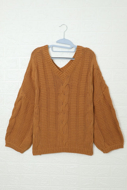 Brown Bubblegum V-Neck Braided Knit Sweater - DunbiBeauty, LLC