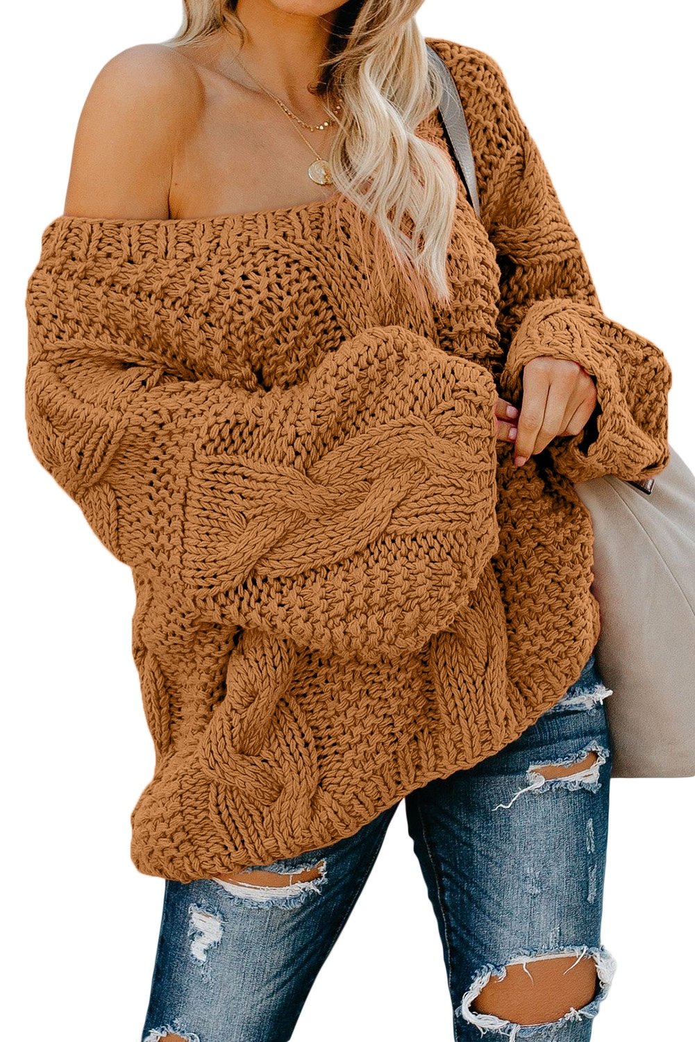 Brown Bubblegum V-Neck Braided Knit Sweater - DunbiBeauty, LLC