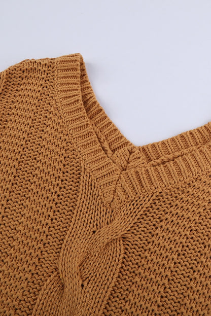 Brown Bubblegum V-Neck Braided Knit Sweater - DunbiBeauty, LLC