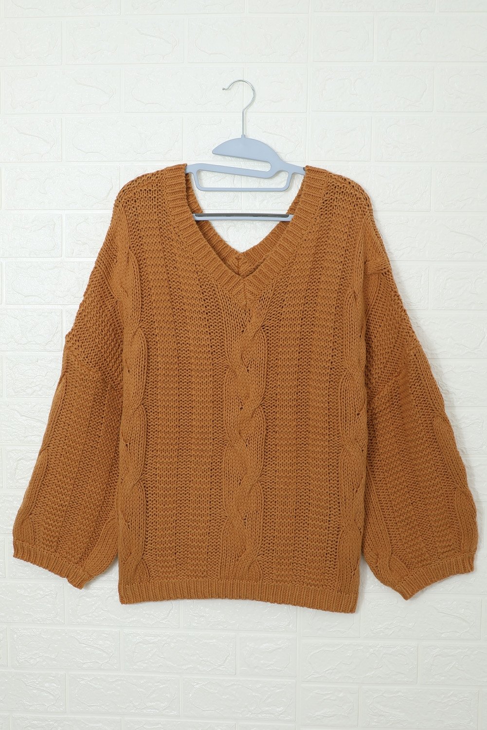 Brown Bubblegum V-Neck Braided Knit Sweater - DunbiBeauty, LLC