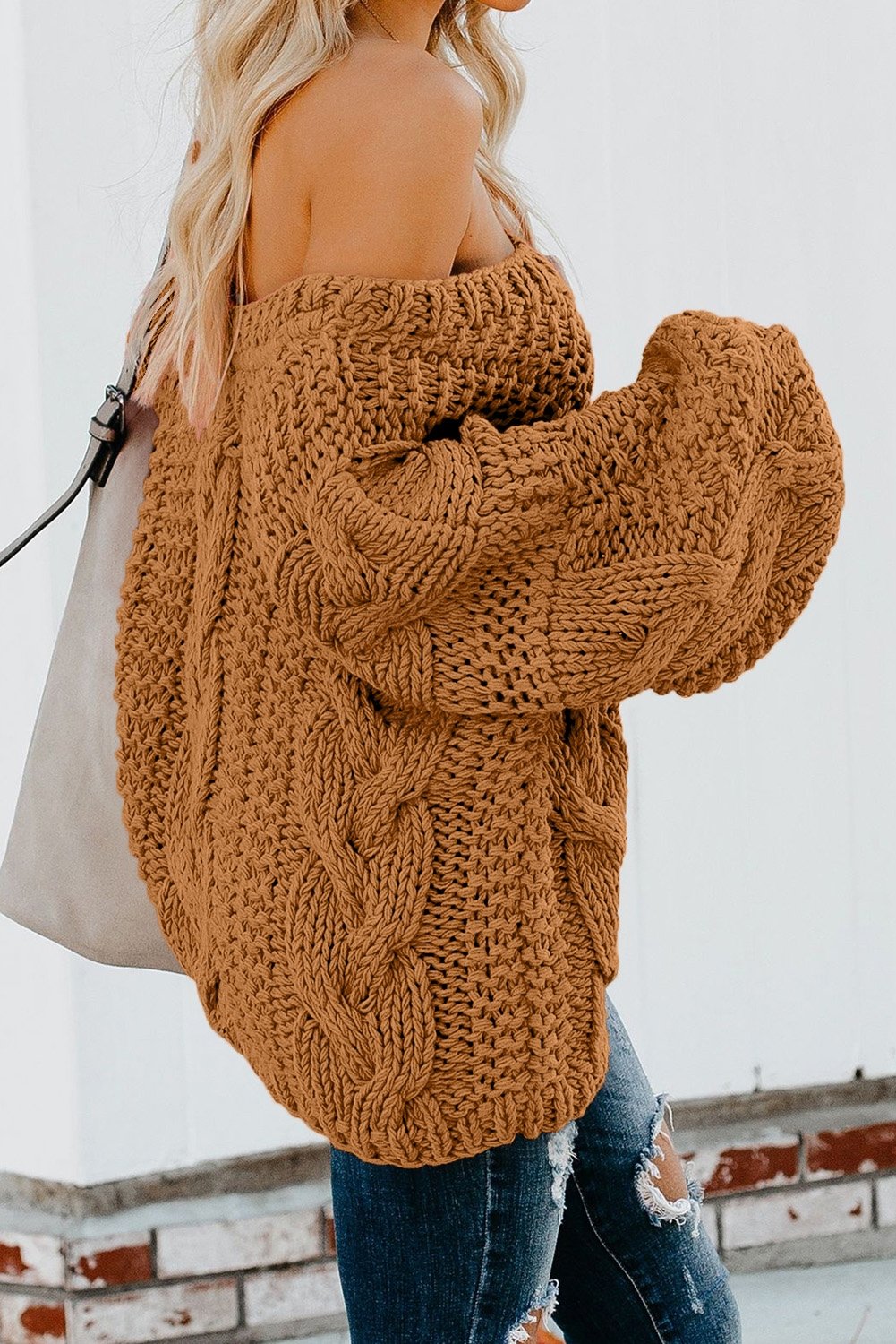 Brown Bubblegum V-Neck Braided Knit Sweater - DunbiBeauty, LLC